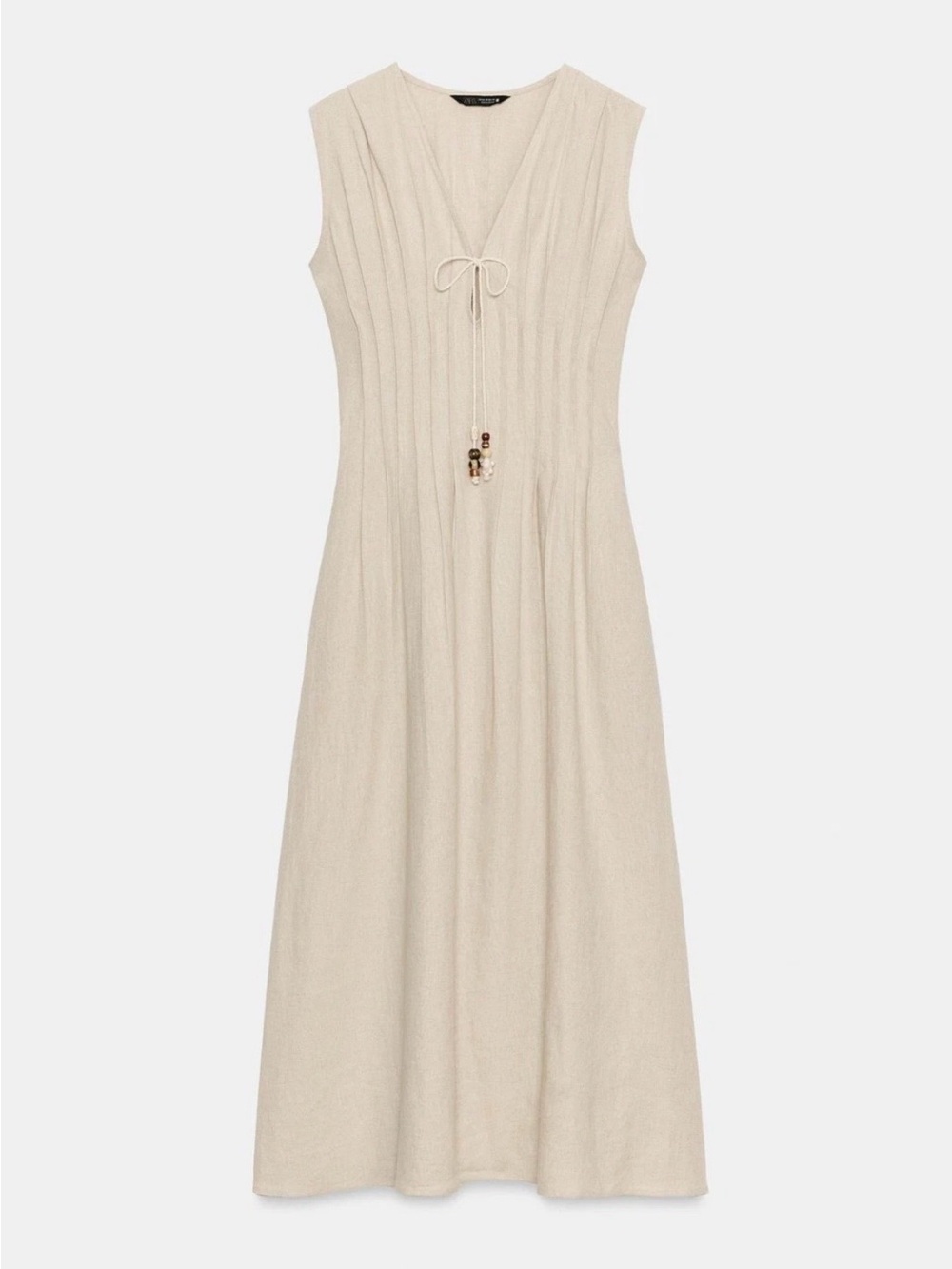 Sleeveless Beige linen Dress with Tie Neck